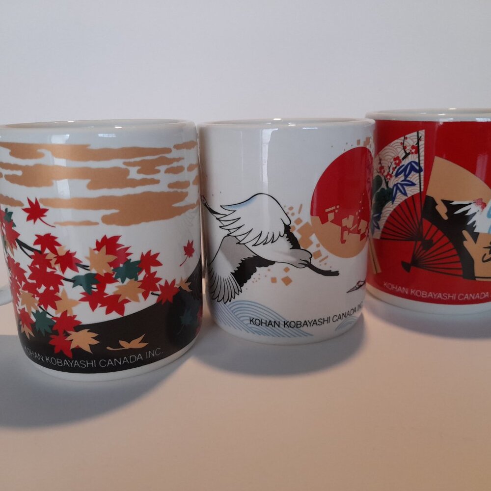 Vintage Japanese Art Mugs Set of 3 Kohan Kobayashi Stork Fan Volcano